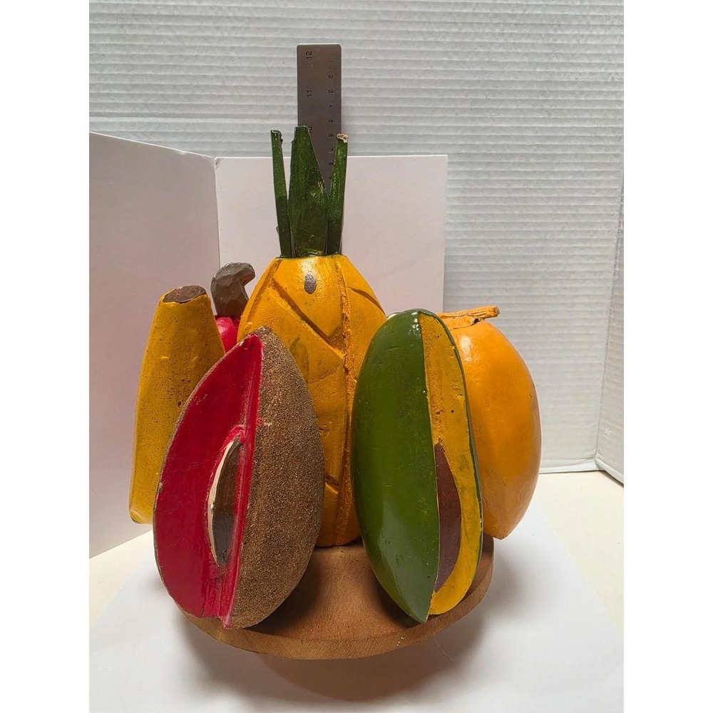 Folk Art vintage hand-carved and painted wooden‎ tropical fruit centerpiece